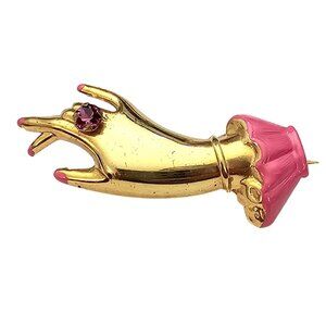 Hand Brooch Vintage Pin Pink Enamel Cuff, Nails, Rhinestone Ring Pin C691